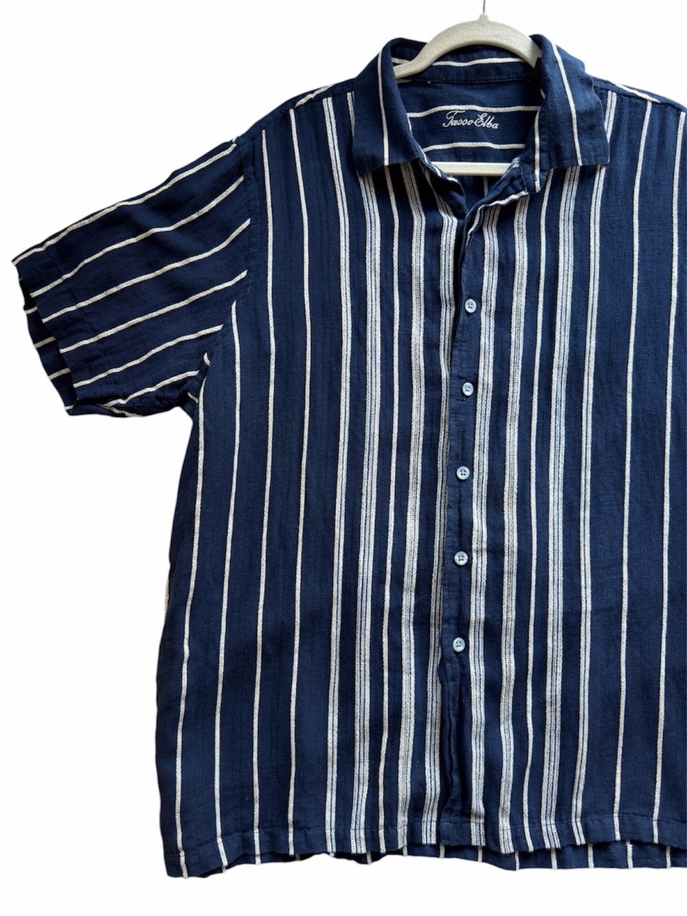 Tasso Elba Navy White Vertical Stripe Short-Sleeve Linen Button-Down Shirt XL
